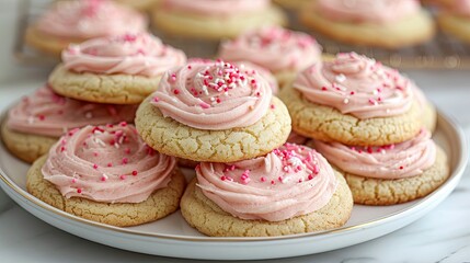 Obraz na płótnie Canvas Sugar cookies with pink frosting and sprinkles.