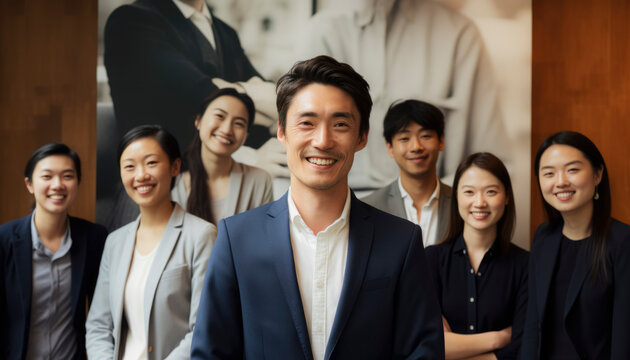 A Asian group of people are smiling for a photo. The man in the center is wearing a suit and smiling. The group is posing for a picture, and they all look happy