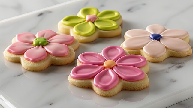 Flower-shaped sugar cookies with colorful icing on marble. - Powered by Adobe
