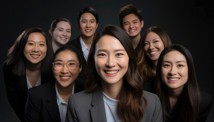 A group of women are smiling for a photo. The woman in the center is wearing glasses and a suit,Young, diverse group shares happy, successful teamwork