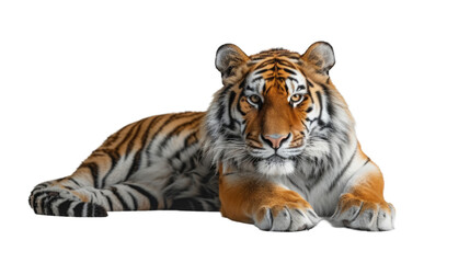 An imposing tiger is captured gazing directly with striking orange and black stripes and sharp eyes
