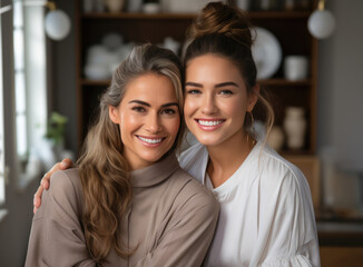 Two young women give a warm embrace, their joyful smiles suggesting a close friendship. They are casually dressed and appear to be inside a room with a blurred background.