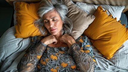 Obraz premium A serene older woman resting, her silver hair fanned out on pillows.