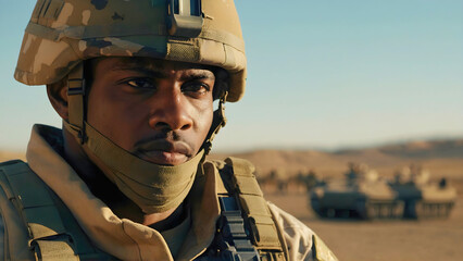 A soldier overseeing military operations in the area, with various transport vehicles visible in the background, standing proudly and professionally.