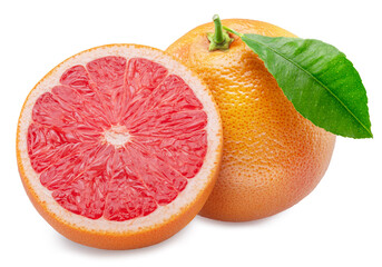 Red grapefruit and grapefruit cross section on white background. File contains clipping path.