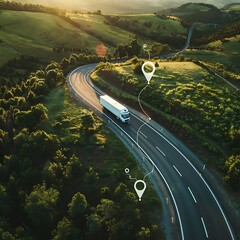 A drone's aerial view capturing the intricate path of a moving truck with a GPS tracking overlay, surrounded by a vast landscape
