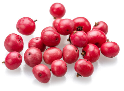 Fresh pink peppercorns isolated on white background.