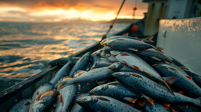 Piles of salmon fish arranged on a fishing boat, with a calm sea in the background, Ai Generated Images