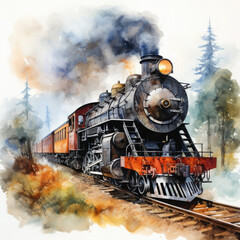 Fototapeta premium Watercolor Seamless STEAM TRAIN Illustration, Generative Ai