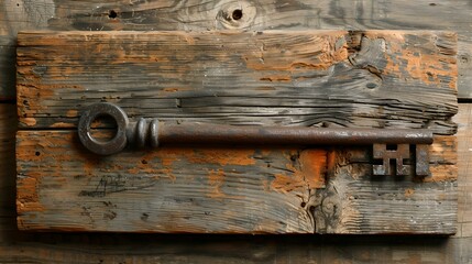 Obraz premium Vintage skeleton key resting on an aged wooden background. a piece of the past captured. rustic charm in simple elements. evoking nostalgia. AI