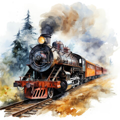 Obraz premium Watercolor Seamless STEAM TRAIN Illustration, Generative Ai