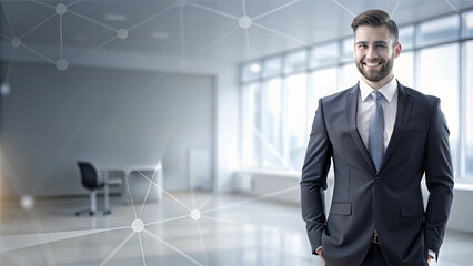 Confident businessman in office, wearing a suit, standing and smiling, representing success and professionalism