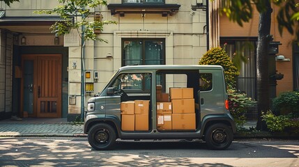 small modern japanese pickup with cardboard boxes, delivery of goods concept, isolated background, bright, daylight