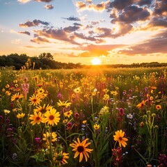 A field of vibrant wildflowers stretching towards the horizon, bathed in the golden light of a sunrise.
