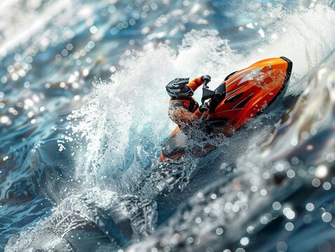 3D Illustrate of Jet Ski Adventure A zoomed photo captures a jet ski racing across the water creating a spectacular spray of splashing water in its wake