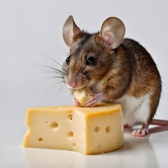 Close-Up View of a Brown Mouse Enjoying a Slice of Swiss Cheese on a White Surface