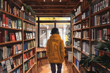 A person browsing through racks of books in a cozy bookstore