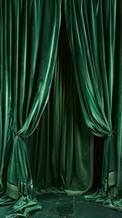 A lush emerald green velvet curtain partially drawn