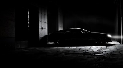 A mysterious silhouette of a luxury car parked in an urban alley, with only its sleek contours and glowing headlights visible in the darkness - obrazy, fototapety, plakaty