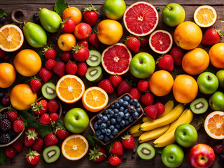 Top view of fruits background with assortment of fresh organic fruits.