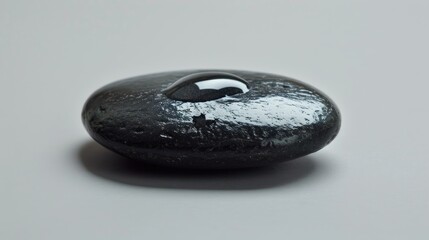 A smooth black pebble with a single drop of water