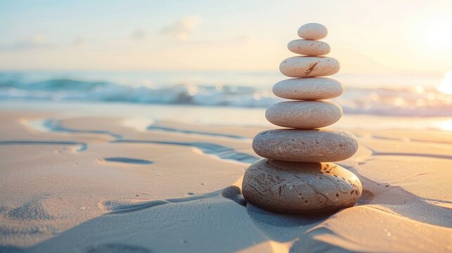 A series of stones perfectly balanced on a serene beach symbolizing harmony and inner peace