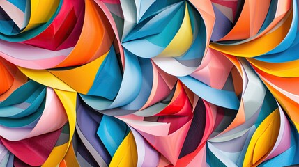 An abstract geometric pattern made from overlapping layers of cut paper in vibrant colors - obrazy, fototapety, plakaty