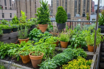 Fototapeta na wymiar An urban rooftop garden with a variety of vegetables and herbs promoting local food