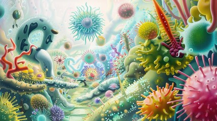 A whimsical portrayal of viruses and bacteria coexisting in a micro-utopia - obrazy, fototapety, plakaty