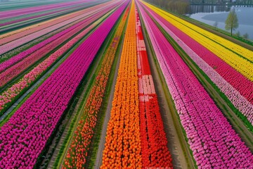 An aerial view of a colorful tulip field in the Netherlands forming a natural mosaic
