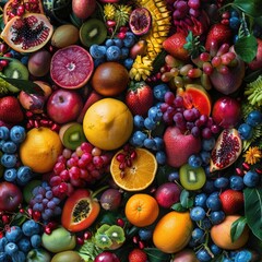 Fototapeta na wymiar An artistic flat lay of exotic fruits creating a vibrant tapestry of textures and colors