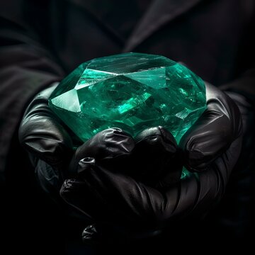 Mysterious person holding a large emerald gemstone in black gloves, dark and luxurious theme for high-end jewelry concepts. AI