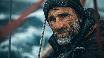 Sailor Contemplating in Rainy Weather at Sea