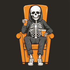 Halloween skeleton with hoodie and pants sitting holding drinks illustration for mascot merchandise t-shirt, stickers and Label designs, poster, greeting cards advertising business company or brands