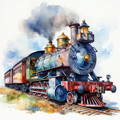 Naklejka premium Watercolor Seamless STEAM TRAIN Illustration, Generative Ai