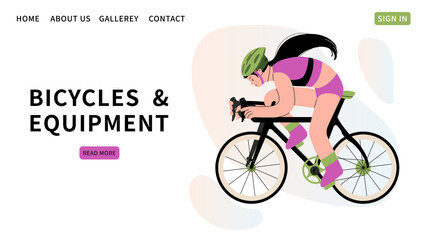 Bicycles and equipment store website template. Woman rides bicycle. Cyclist equipment, helmet.