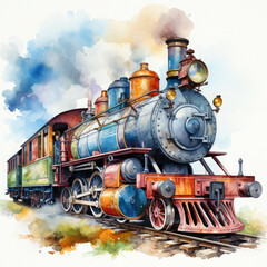 Fototapeta premium Watercolor Seamless STEAM TRAIN Illustration, Generative Ai