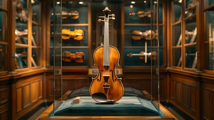 Elegant violin on display surrounded by other violins. classic music theme in exhibition. showcase of craftsmanship and tradition. AI
