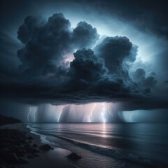 Night Rocky Beach and Lightnings over the Sea. AI Generated