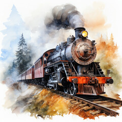 Watercolor Seamless STEAM TRAIN Illustration, Generative Ai