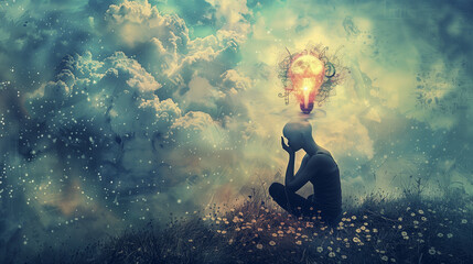 An image of a person in meditation, a transference to another dimension. The power of thought. Imagination. Concentration. 