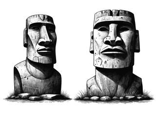 Vintage set of statues of Easter island. Moai on Easter island. Vector cartoon stone sculptures
