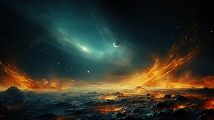 Fototapeta premium A breathtaking digital art piece showcasing fiery cosmic winds over a dark, rocky alien landscape with a distant planet