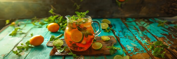 A refreshing pitcher of iced mint tea, garnished with fresh sprigs of mint and slices of tangy lime. 