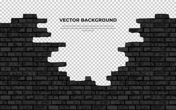 Realistic Vector broken old brick wall horizontal transparent background. Hole in flat black wall texture. Ancient stone wall. Dark textured brickwork for print, design, decor, background, wallpaper