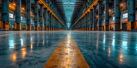 Inside the expansive industrial warehouse is a clean and spacious environment for business operations. - obrazy, fototapety, plakaty