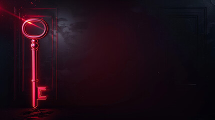 A neon red key on a dark empty surface. No text.
