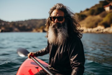 Active senior man in neoprene wetsuit riding sup board on sea wave, healthy lifestyle concept