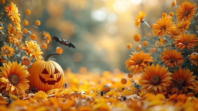 Halloween background with pumpkin. Happy Halloween. Halloween photo with pumpkins. Conceptual composition of an autumn holiday with autumn flowers, leaves on a gentle background.