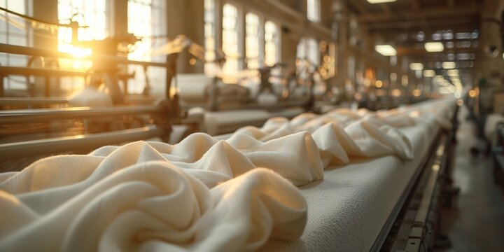 Close-up of luxury white cotton textiles in a factory, a symbol of comfort and elegance.